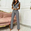 Elegant Button Rompers Houndstooth Print Casual Wide Leg Pants