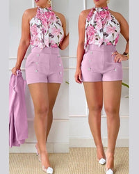 2023 Summer Floral Print Shirt Set Women High Waist Shorts 2 Pieces