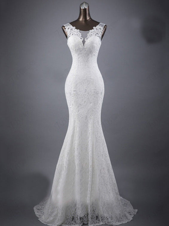 Lace slim and thin double shoulder tail wedding dress