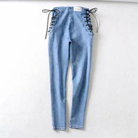 Vintage Skinny Zipper High Waist Cross Lacing up Jeans Women Slim Fit