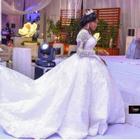 Lace African Wedding Dress Long Sleeves Round Neck Big Tail Tutu Skirt