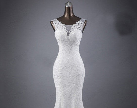 Lace slim and thin double shoulder tail wedding dress