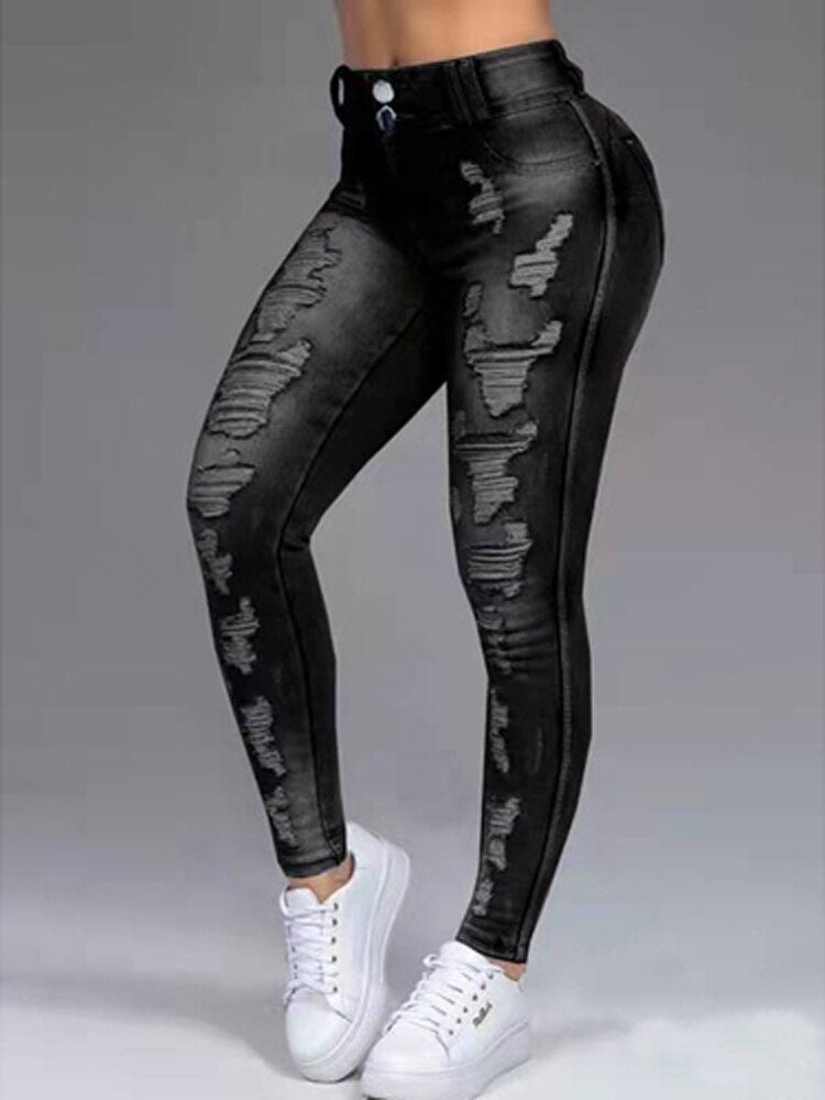 Double Buttoned Slim Fit Bodycon Trousers Ripped Stretch Jeans Pants