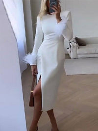 Elegant White Feather Long Sleeve Midi Dress