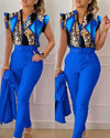 Elegant Women Two Piece Set Suits New Fashion Printed Ruffle Sleeve