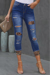 Fashion Womens Distressed Leopard Patches Blue Skinny Jeans