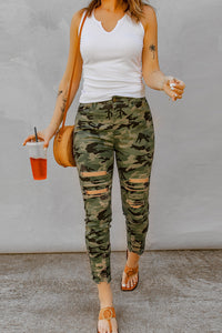 Green Camouflage Hollow out Skinny Jeans with Pocket