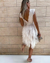 Solid Color Lace Mesh V-Neck Sleeveless Dress