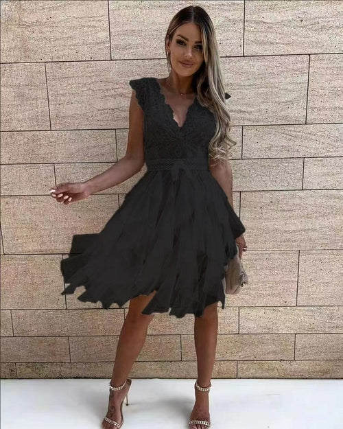 Solid Color Lace Mesh V-Neck Sleeveless Dress