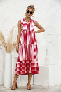 Fashion Casual Striped Patchwork Big Swing Midi Dresses