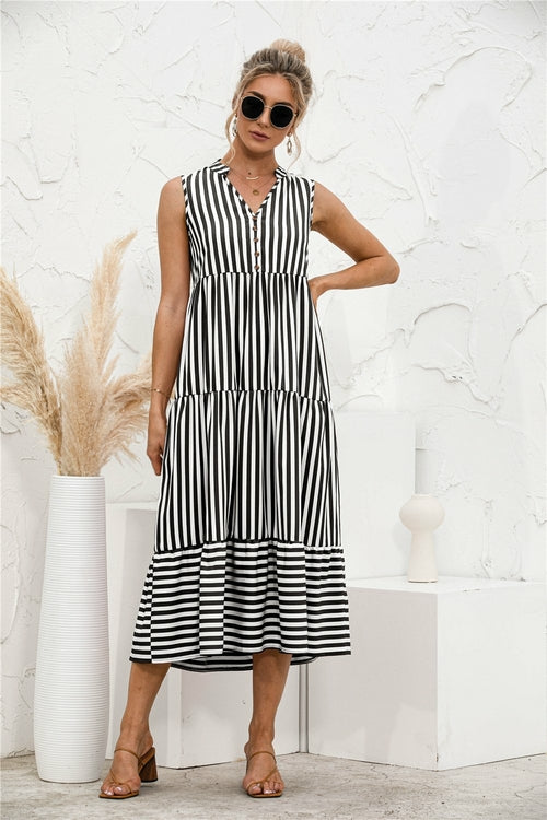 Fashion Casual Striped Patchwork Big Swing Midi Dresses