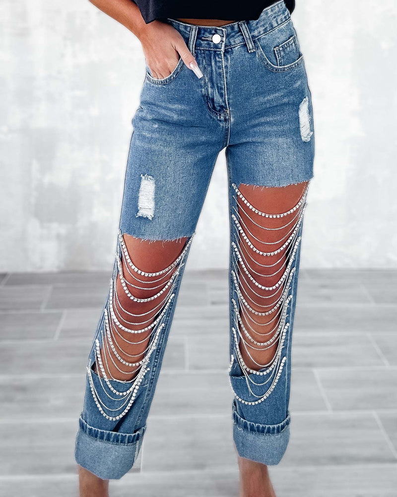 Ripped Jeans Women's Chain Hanging Ornament