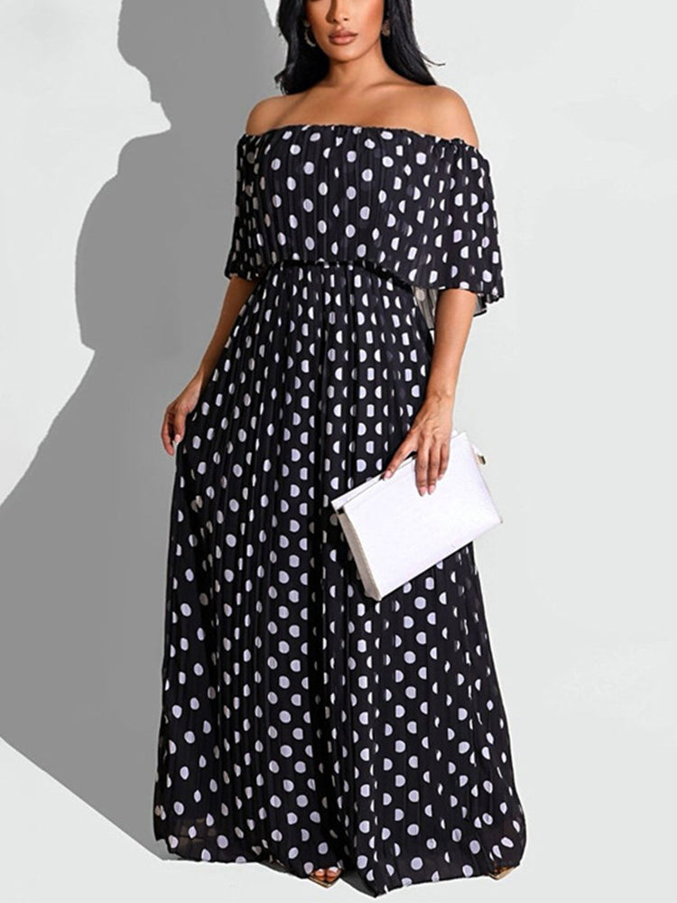 Off Shoulder Polka Dot Printed Maxi Dress