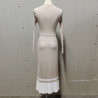 V-neck Long Sleeve Knitted Pleated Midi Dress