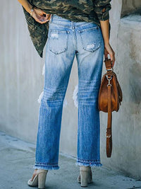 Ripped Cutout Fringe Hem Pocket Design Jeans Casual Denim Pants