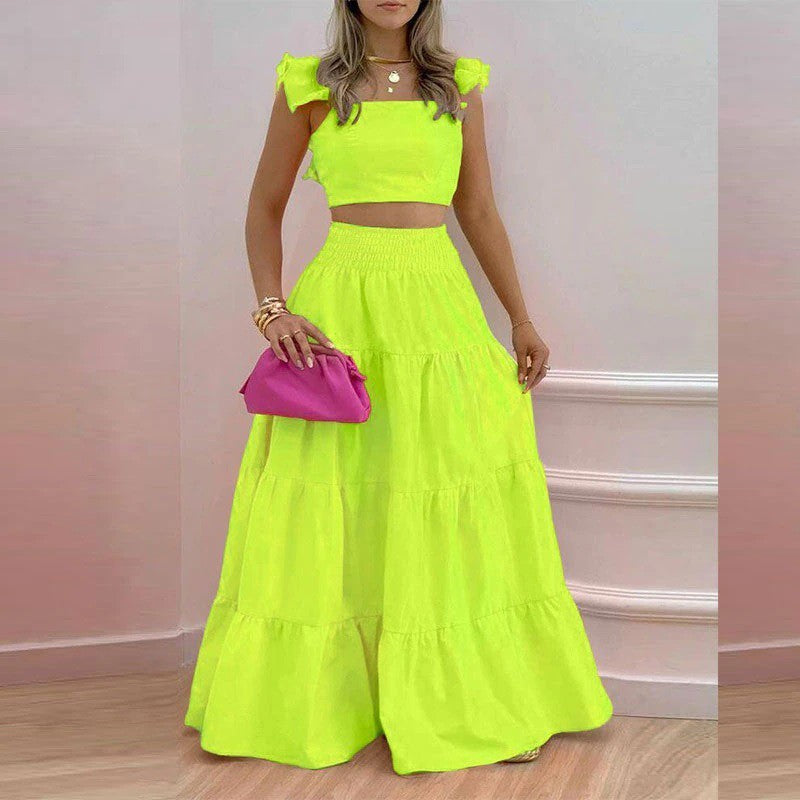 Sexy Solid Color Summer Women's Big Swing Two Piece Set Fashion Y2k