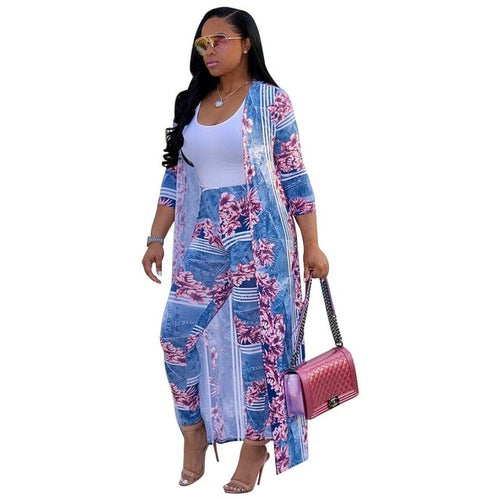 Summer 2 Piece Set Women Cardigan Long Trench Tops And Bodycon Pant