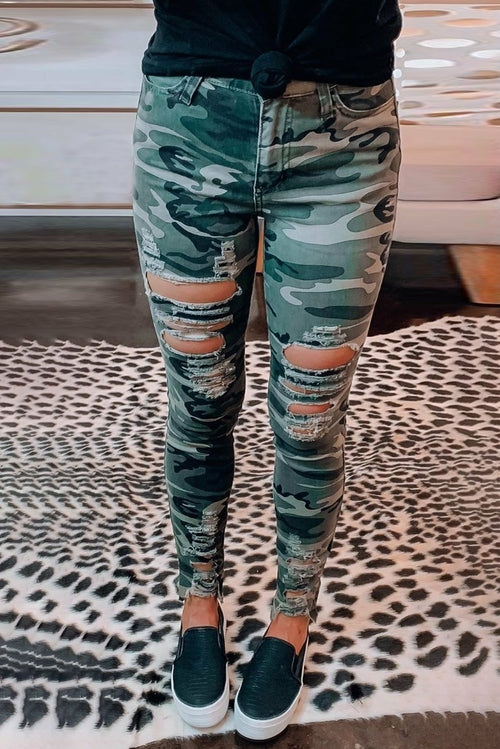Green Camouflage Hollow out Skinny Jeans with Pocket