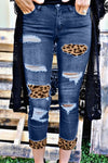 Fashion Womens Distressed Leopard Patches Blue Skinny Jeans