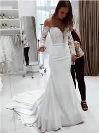 Fashion One Shoulder Lace Long Sleeve Dress Mopping Wedding Dress