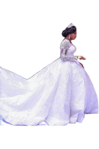 Lace African Wedding Dress Long Sleeves Round Neck Big Tail Tutu Skirt